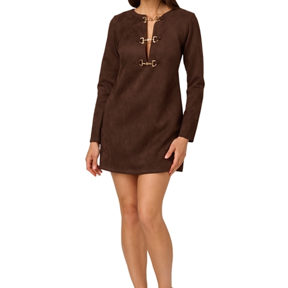 Brown Suede-Look Long Sleeve Mini Dress with Gold Hardware